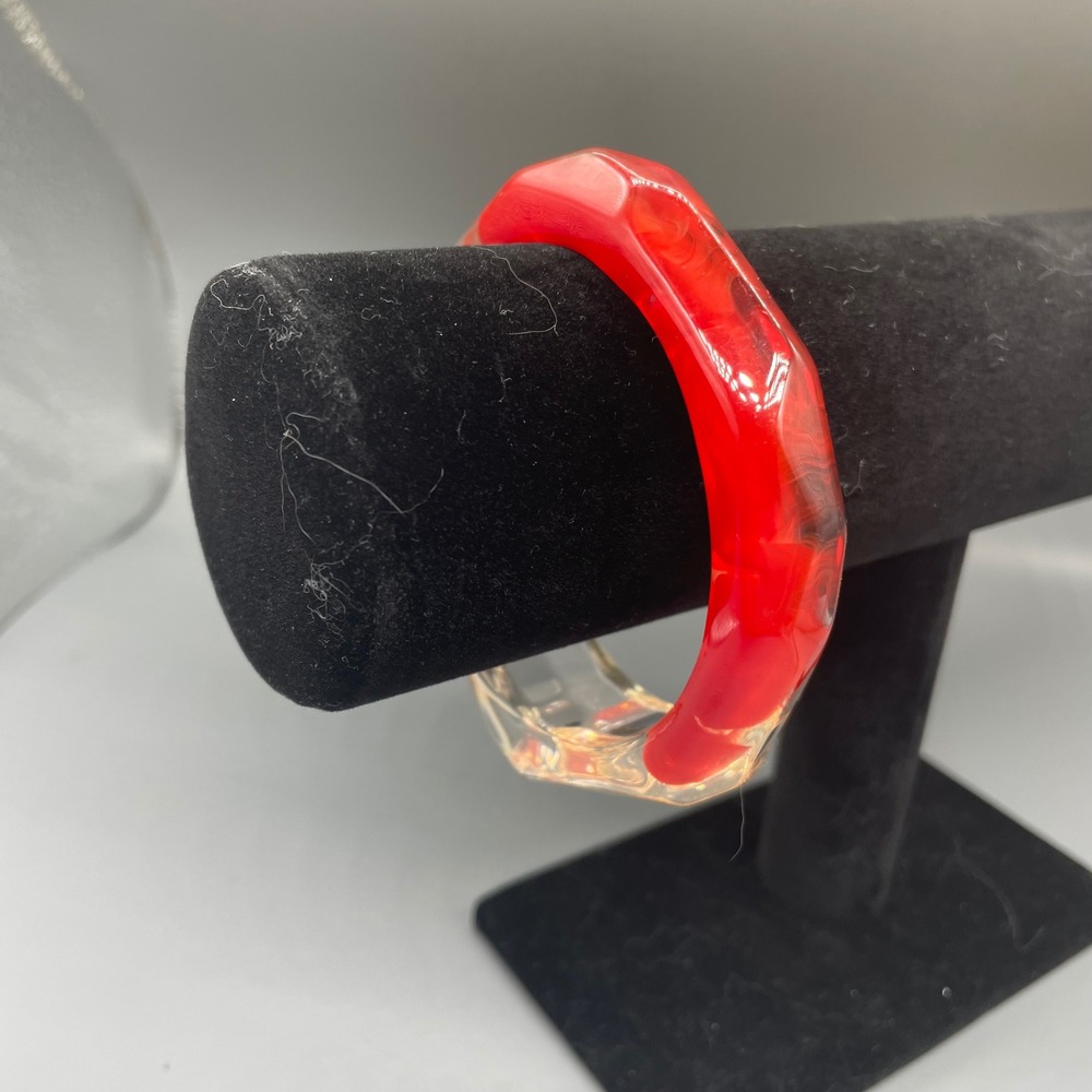 Red and Clear Faceted Resin Bangle Bracelet Chunky Geometric Statement Jewelry